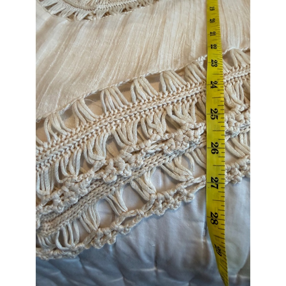 Cream Crochet Knit Boho Tunic Top Three Quarter Sleeve Macrame Trim Festival SML - Picture 4 of 4